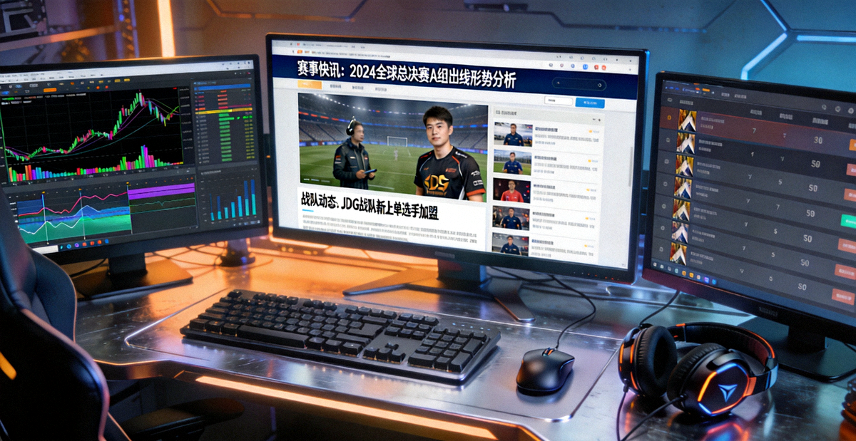 电竞新闻编辑台场景，屏幕显示赛事快讯与战队动态信息流